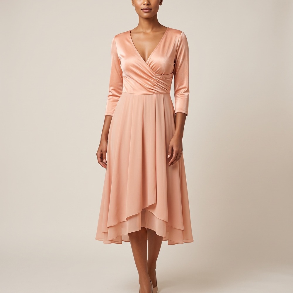 Elegant Dress Women's S Peach Faux Wrap V-Neck 3/4 Sleeve Pleated Maxi NWT